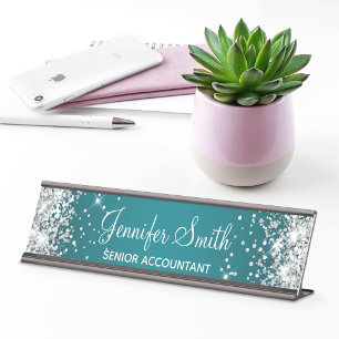 Porte-nom Pour Bureau Fille Parties scintillant Argent foncé Turquoise d