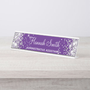 Porte-nom Pour Bureau Fille Parties scintillant Argent Royal violet