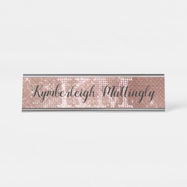 Porte-nom Pour Bureau Fille Rose Gold Glam Diamond Sparkle Monogramme No (Devant)