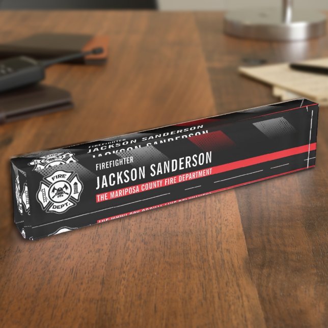 Porte-nom Pour Bureau Firefighter Thin Red Line Logo Fire Department (Firefighter Thin Red Line Logo Fire Department Desk Name Plate)