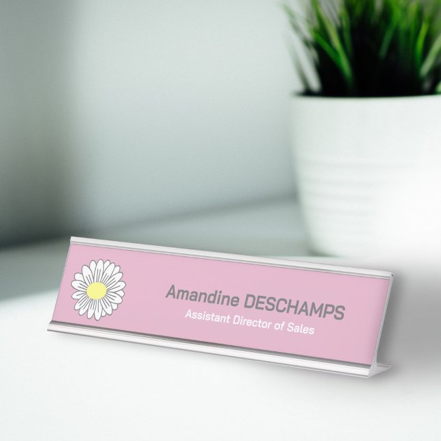 Porte-nom Pour Bureau Fleur Botanique Faisy Rose (Botanical Daisy Flower Pink Desk Name Plate)