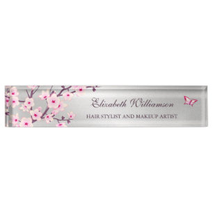 Porte-nom Pour Bureau Fleur Cerisier Fleur Poils Gris Rose Et Maquillage
