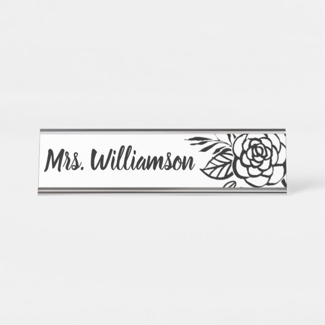 Porte-nom Pour Bureau Fleur chic blanche de noir de monogramme de (Devant)