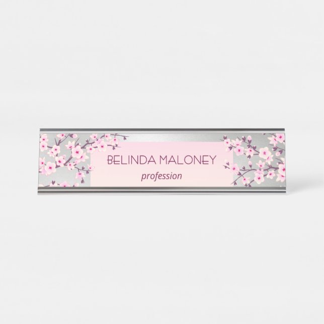 Porte-nom Pour Bureau Fleur de cerisier rose argenté (Devant)