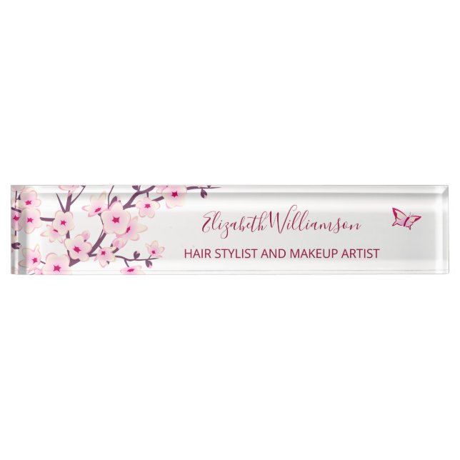 Porte-nom Pour Bureau Fleur de cerisier rose blanc  (Devant)