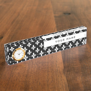 Porte-nom Pour Bureau Fleur de Lis, Blanc sur Noir, Blanc, Votre Nom