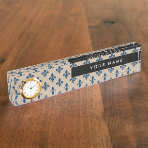 Porte-nom Pour Bureau Fleur de Lis Motif, Français, Royal, Bleu marine