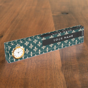 Porte-nom Pour Bureau Fleur de Lis Motif, Français, Royal, Crème, Vert