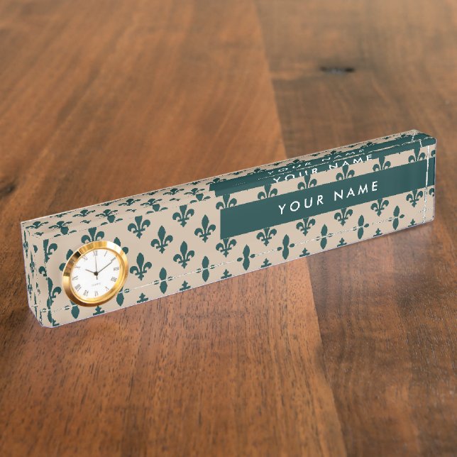 Porte-nom Pour Bureau Fleur de Lis Motif, Français, Royal, Vert (Taille)