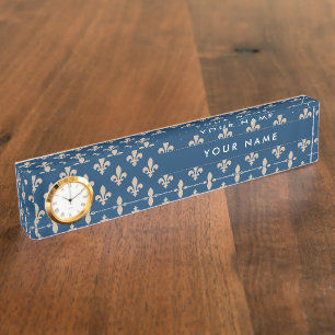 Porte-nom Pour Bureau Fleur de Lis Motif, française, royale, crème, bleu
