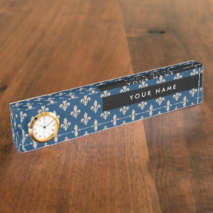 Porte-nom Pour Bureau Fleur de Lis Motif, française, royale, crème, bleu