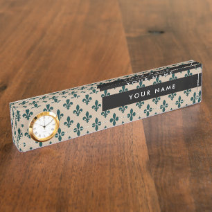 Porte-nom Pour Bureau Fleur de Lis, Vert sur Beige, Royal, Votre Nom