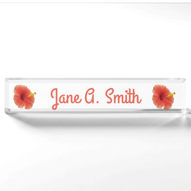 Porte-nom Pour Bureau Fleur d'Hibiscus Orange Florale Tropicale (Devant)