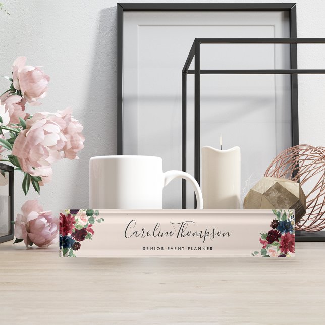Porte-nom Pour Bureau Fleur radieuse | Aquarelle florale (Créateur téléchargé)
