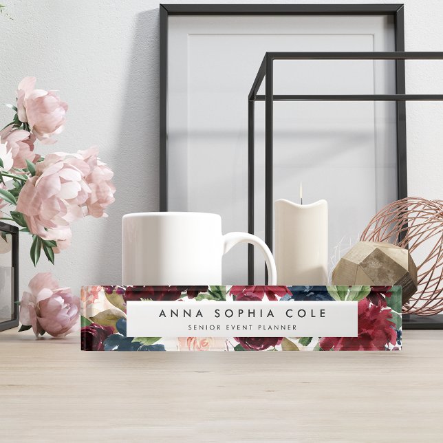 Porte-nom Pour Bureau Fleur radieuse | Floral d'aquarelle moderne (Créateur téléchargé)
