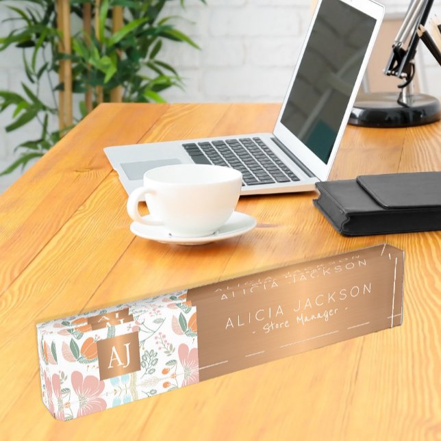 Porte-nom Pour Bureau Fleur sauvage pêche motif cuivre or monogrammé (Créateur téléchargé)