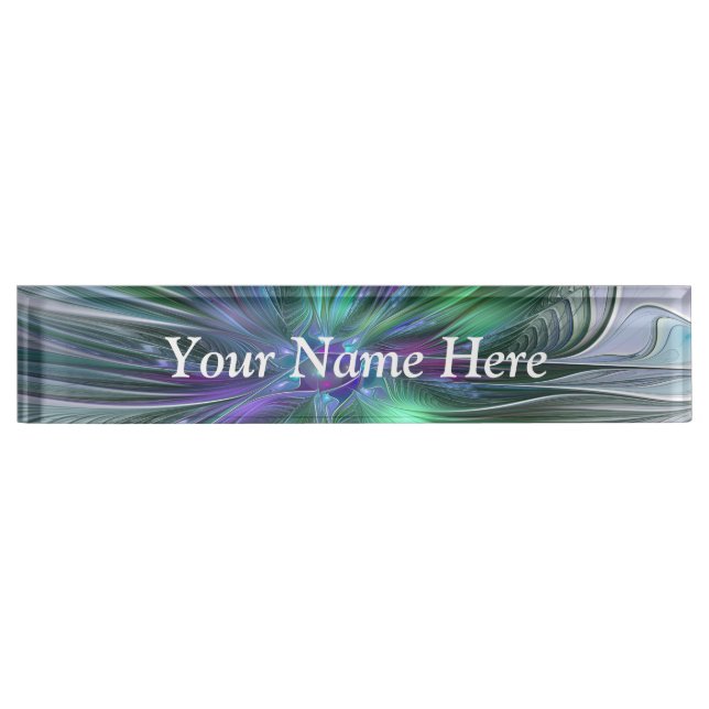 Porte-nom Pour Bureau Fleur vert violet Texte Abstrait fractal moderne (Devant)