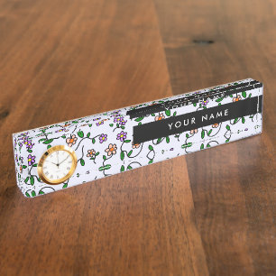 Porte-nom Pour Bureau Fleurs Colorées, Fond Bleu, Noir