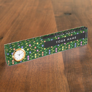 Porte-nom Pour Bureau Fleurs Colorées, Fond Vert, Noir