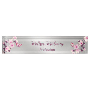 Porte-nom Pour Bureau Fleurs De Cerise Et Papillons Roses Argent