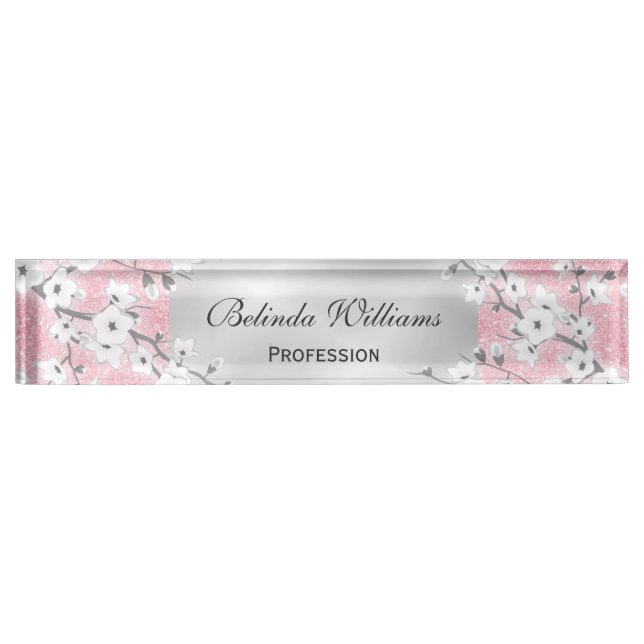 Porte-nom Pour Bureau Fleurs de cerisier Parties scintillant rose Argent (Devant)