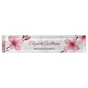 Porte-nom Pour Bureau Fleurs de cerisier roses sur marbre gris