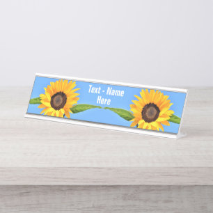 Porte-nom Pour Bureau Fleurs de soleil jaunes sur Ciel bleu - Votre text