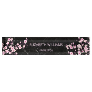 Porte-nom Pour Bureau Fleurs florales de cerisier marbre rose noir