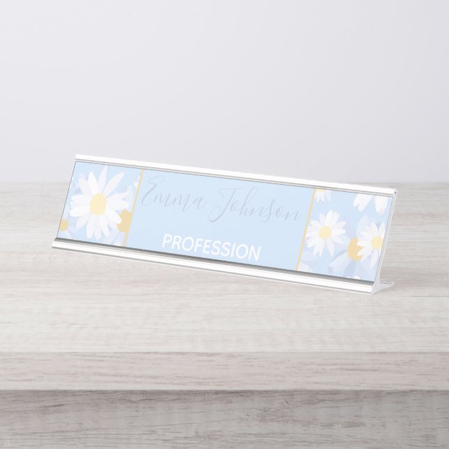 Porte-nom Pour Bureau Fleurs marguerites Bleues Classiques (Devant)