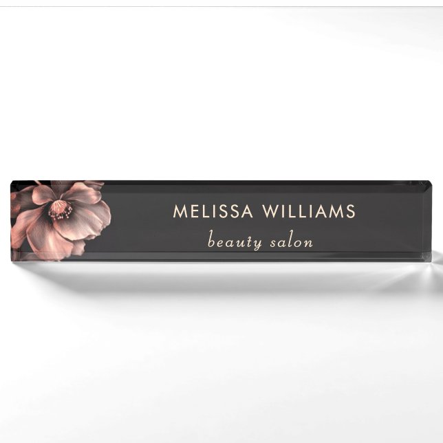 Porte-nom Pour Bureau Fleurs roses brillantes noires  (Devant)