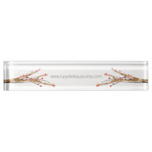 Porte-nom Pour Bureau Fleurs roses de Sakura sur fond bleu pâle