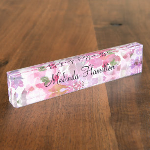 Porte-nom Pour Bureau Floral Aquarelle Fleurs Motif Monogramme Design