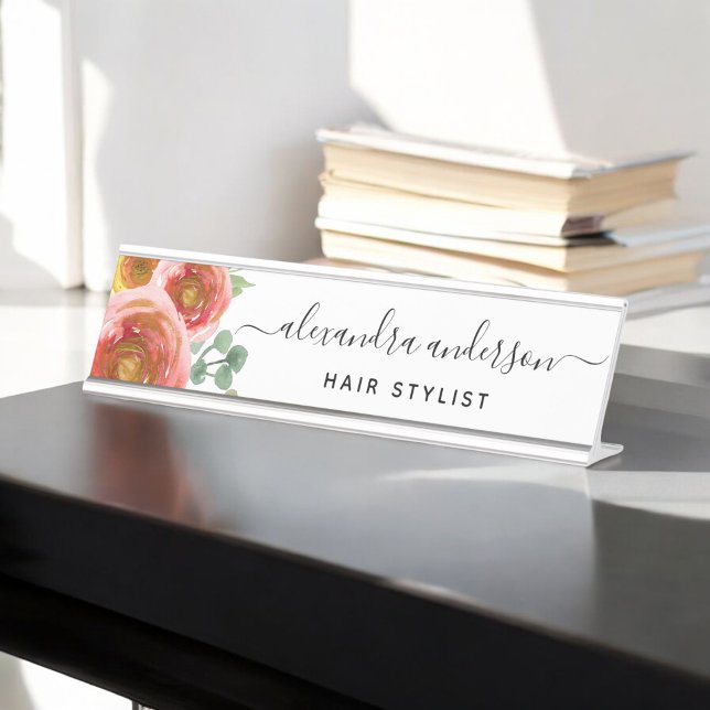 Porte-nom Pour Bureau Floral Elégant Aquarelle Moderne Pastel Blush Rose (Créateur téléchargé)
