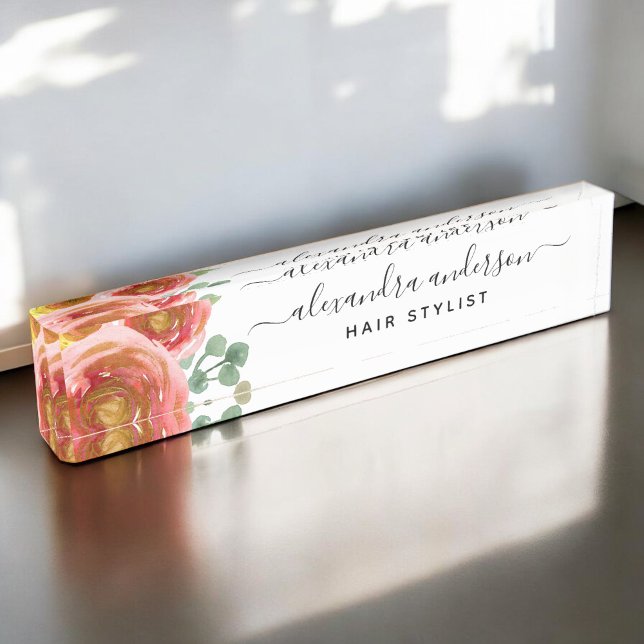 Porte-nom Pour Bureau Floral Elégant Aquarelle Moderne Pastel Blush Rose (Créateur téléchargé)