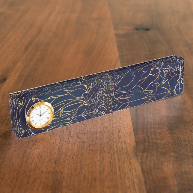 Porte-nom Pour Bureau Flore dorée et bleu Dahlia (Taille)