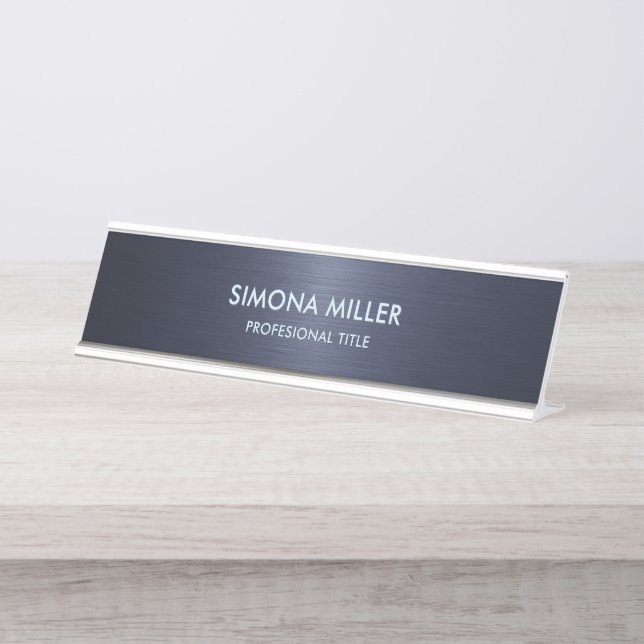 Porte-nom Pour Bureau Fond métallisé bleu marine (Devant)