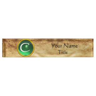 Porte-nom Pour Bureau GEM MONOGRAM, ÉMERAUDE VERT, parchemin