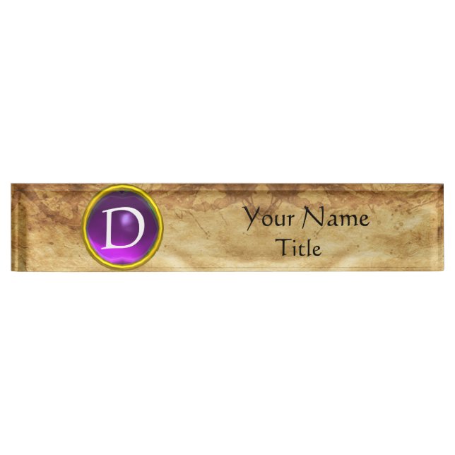 Porte-nom Pour Bureau GEMME MONOGRAMME, AMÉTHYSTE VIOLETTE, parchemin (Devant)