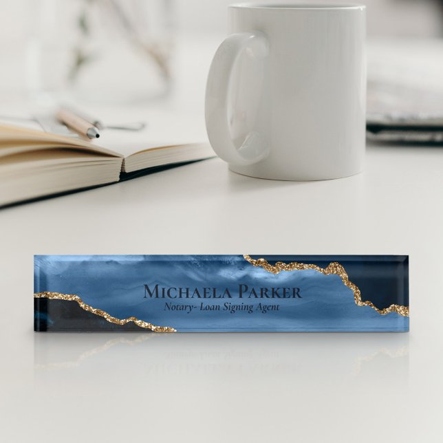 Porte-nom Pour Bureau Géode Agate Bleu et Or Élégant Professionnel (Créateur téléchargé)