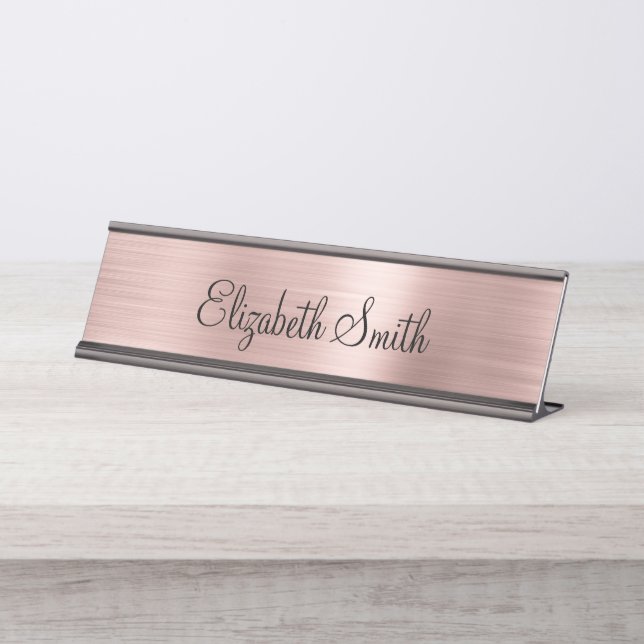 Porte-nom Pour Bureau Girly Rose Gold Metallic (Devant)