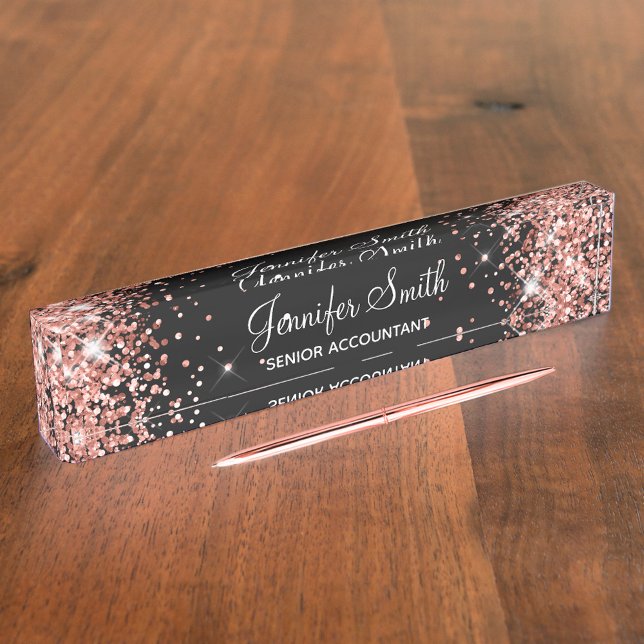 Porte-nom Pour Bureau Girly Sparkly Rose Gold Glitter Black (Créateur téléchargé)