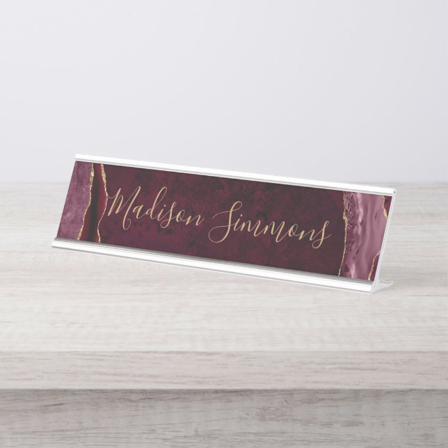 Porte-nom Pour Bureau Glam Burgundy Rouge Or Agate Géode Feminine Script (Devant)