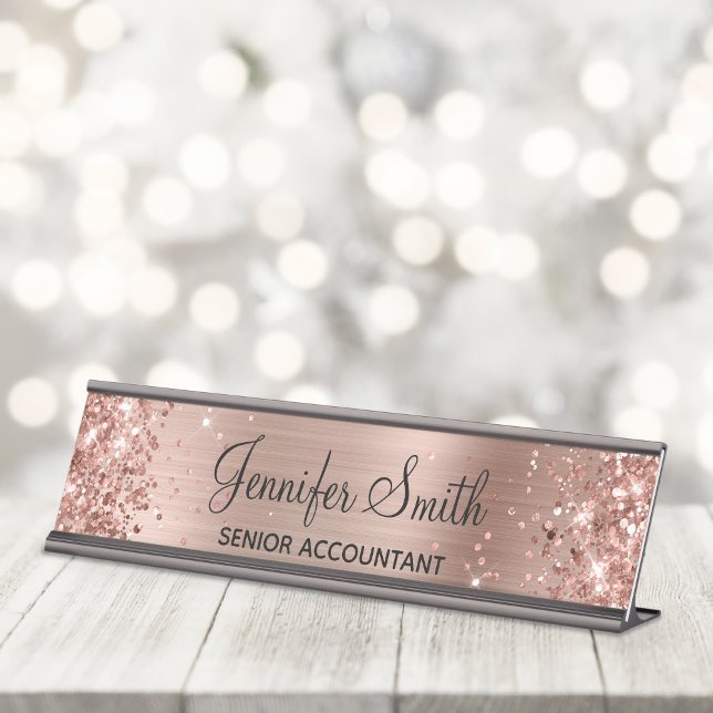 Porte-nom Pour Bureau Glitterie Faux Rose Gold Foil (Girly glam desktop name plate for her.)