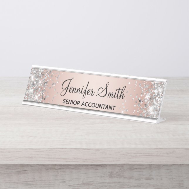 Porte-nom Pour Bureau Glitterie fillette Argent et Rose Or Gradient (Devant)