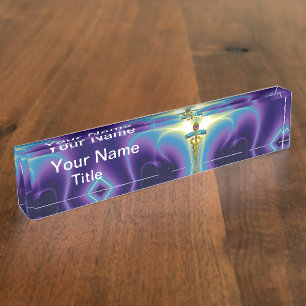 Porte-nom Pour Bureau GOLD CADUCEUS, amétyste bleu violet vif