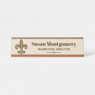 Porte-nom Pour Bureau Gold Fleur de Lis et Taupe blanc de trellis