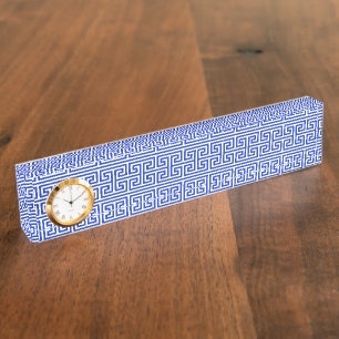 Porte-nom Pour Bureau Grec Meander Carré clé H Motif bleu