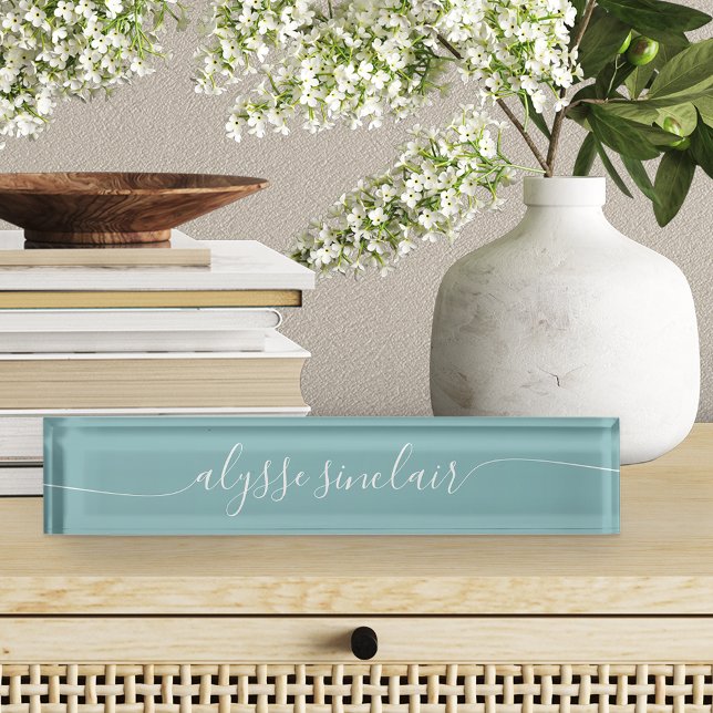 Porte-nom Pour Bureau Hazy Aqua Elegant Script de calligraphie (Créateur téléchargé)
