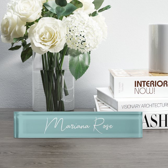Porte-nom Pour Bureau Hazy Aqua Elegant Script manuscrit (Créateur téléchargé)