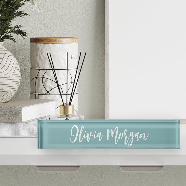 Porte-nom Pour Bureau Hazy Aqua Sketched Cursive Nom du script (Créateur téléchargé)